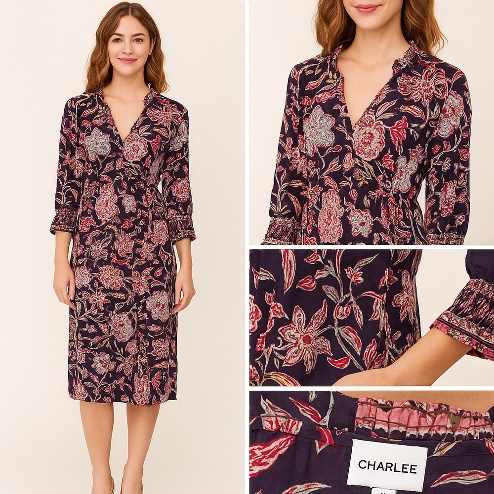 CHARLEE Boho Floral 100% Cotton Dress Size M | Handblock Style | Pockets